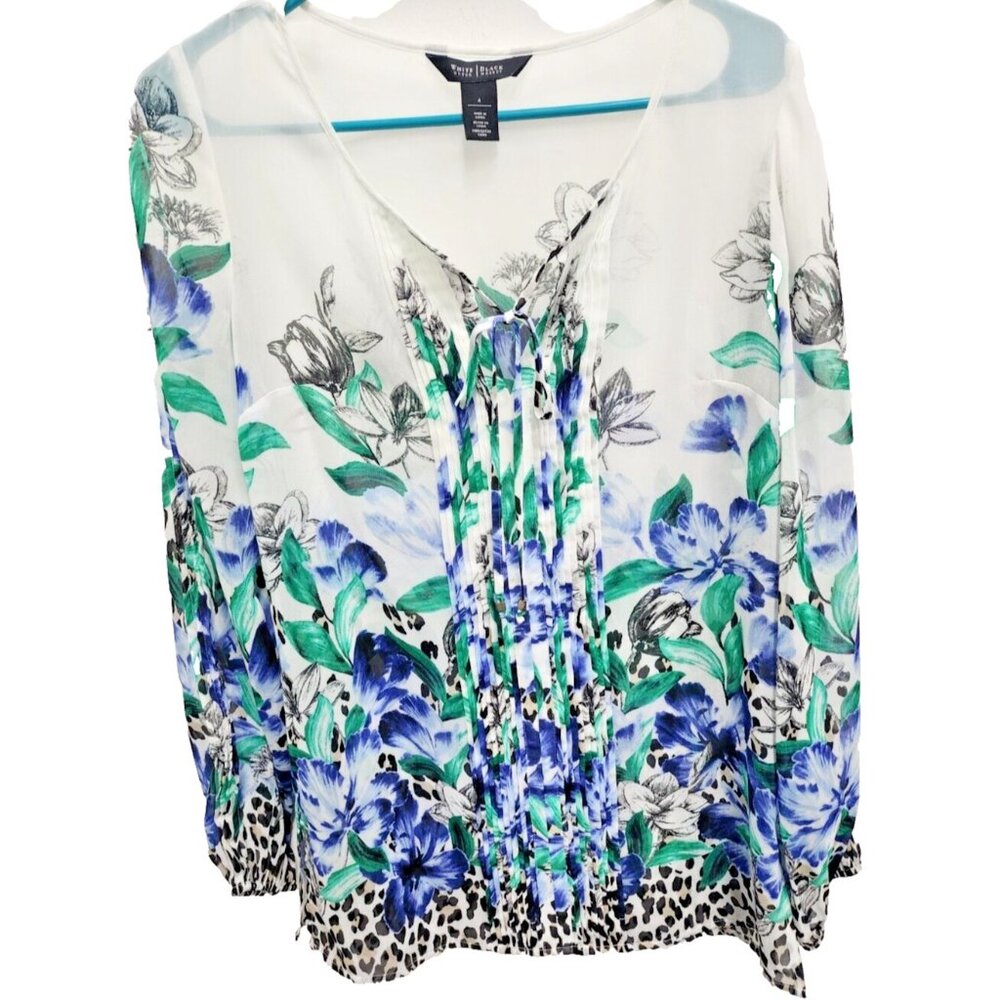 White House Black Market Womens Top Size 4 Blue White Floral Chiffon Fairy